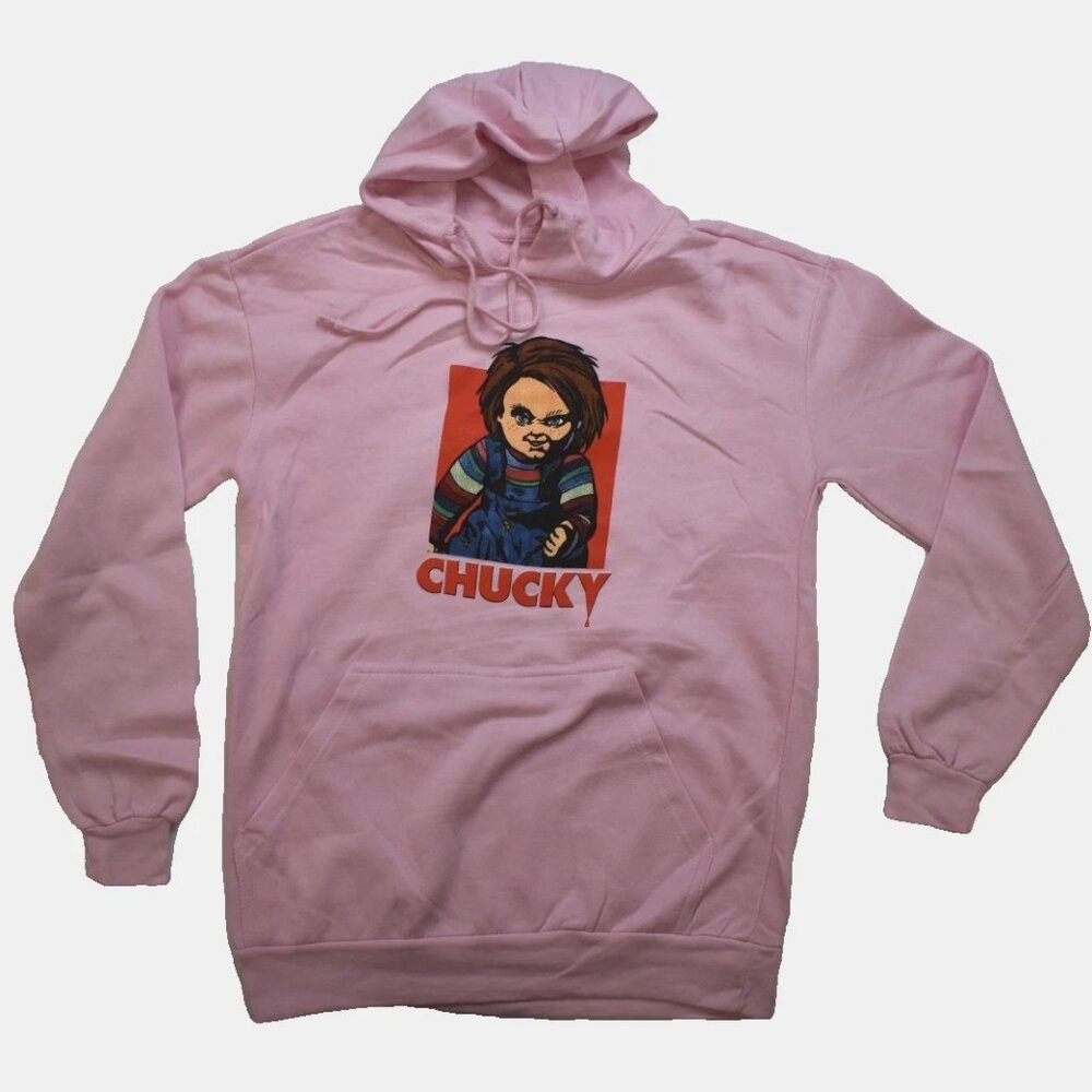 Chucky Horror Movie Doll Mens Menacing Stance Pink Chucky Hoodie New
